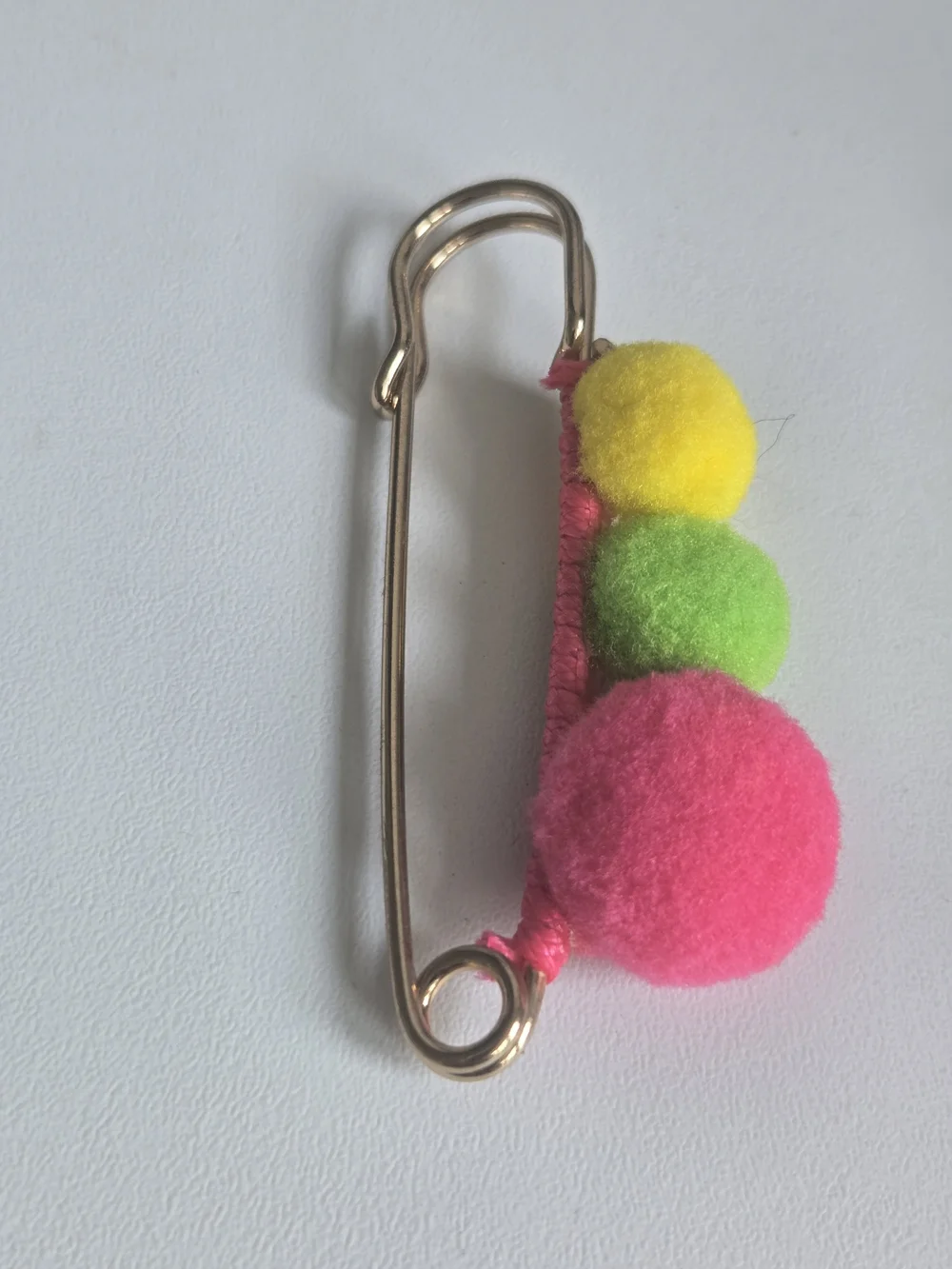 Kids Safety Pin with Pink, Green & Yellow Pom-Poms